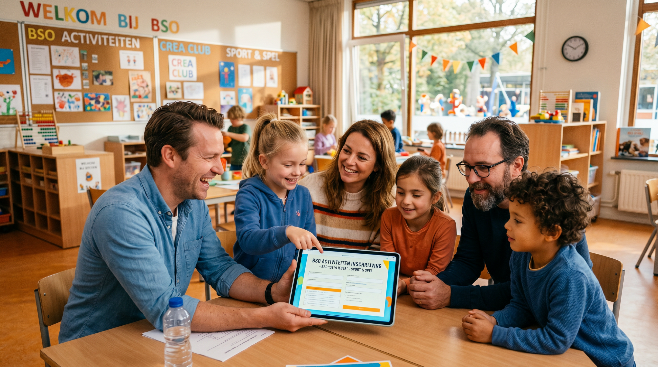 Ouders en kinderen schrijven samen in voor een workshop op een tablet