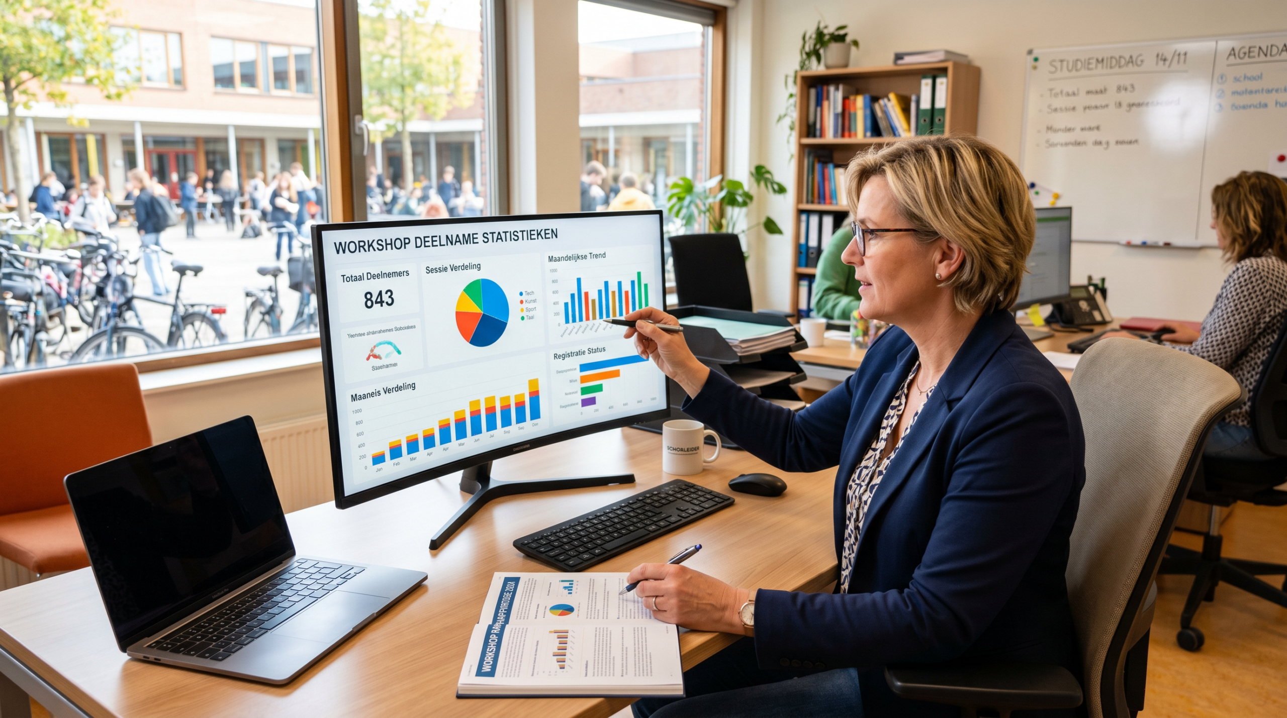 Bredeschoolcoordinator bekijkt dashboards met workshopstatistieken