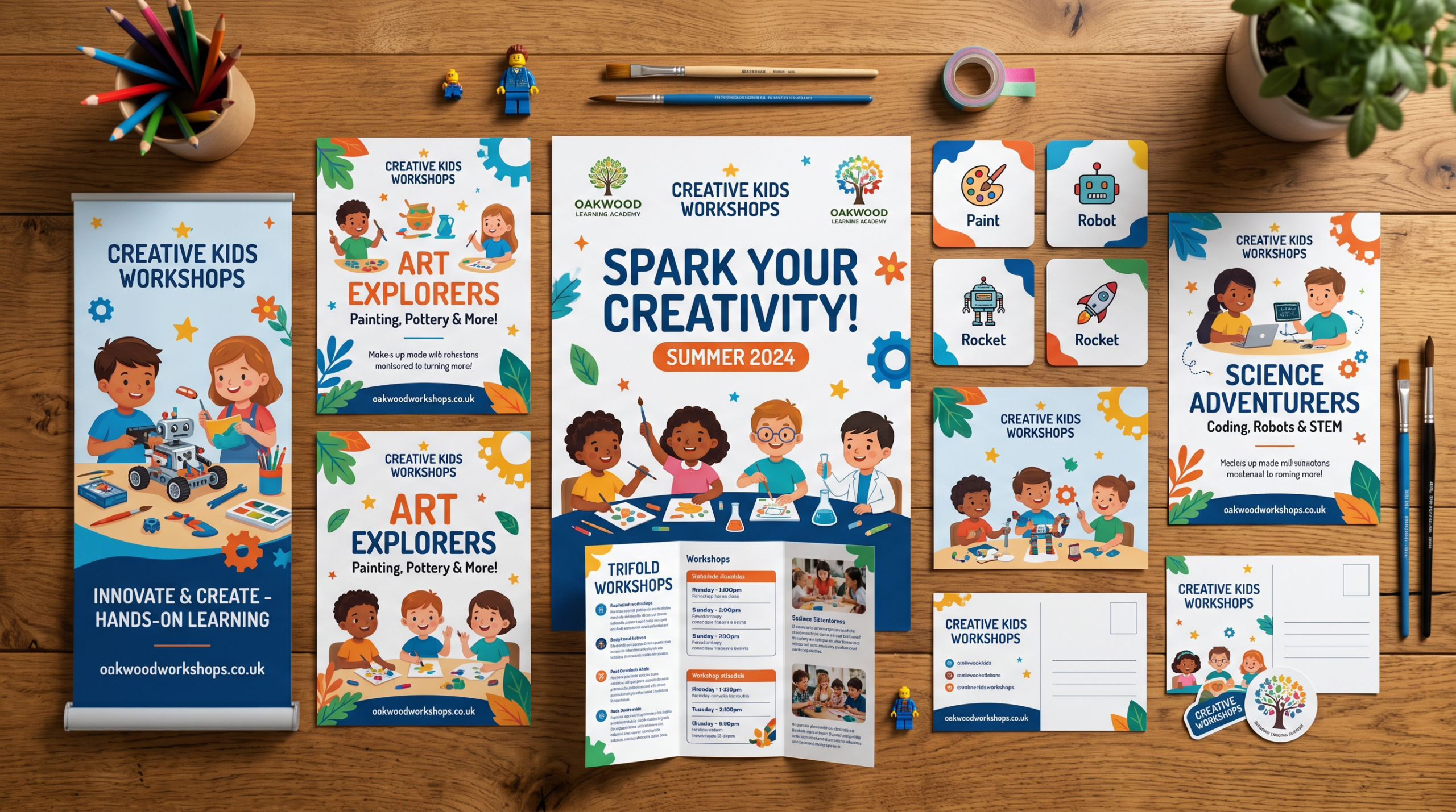 Gekleurde schoolposters, flyers en banners op bureau