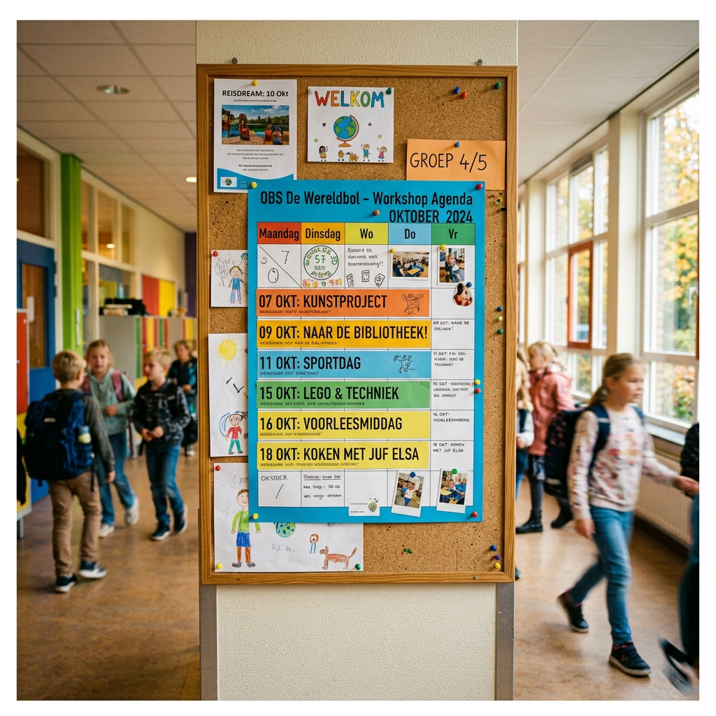 Workshopkalender aan een prikbord in de schoolgang