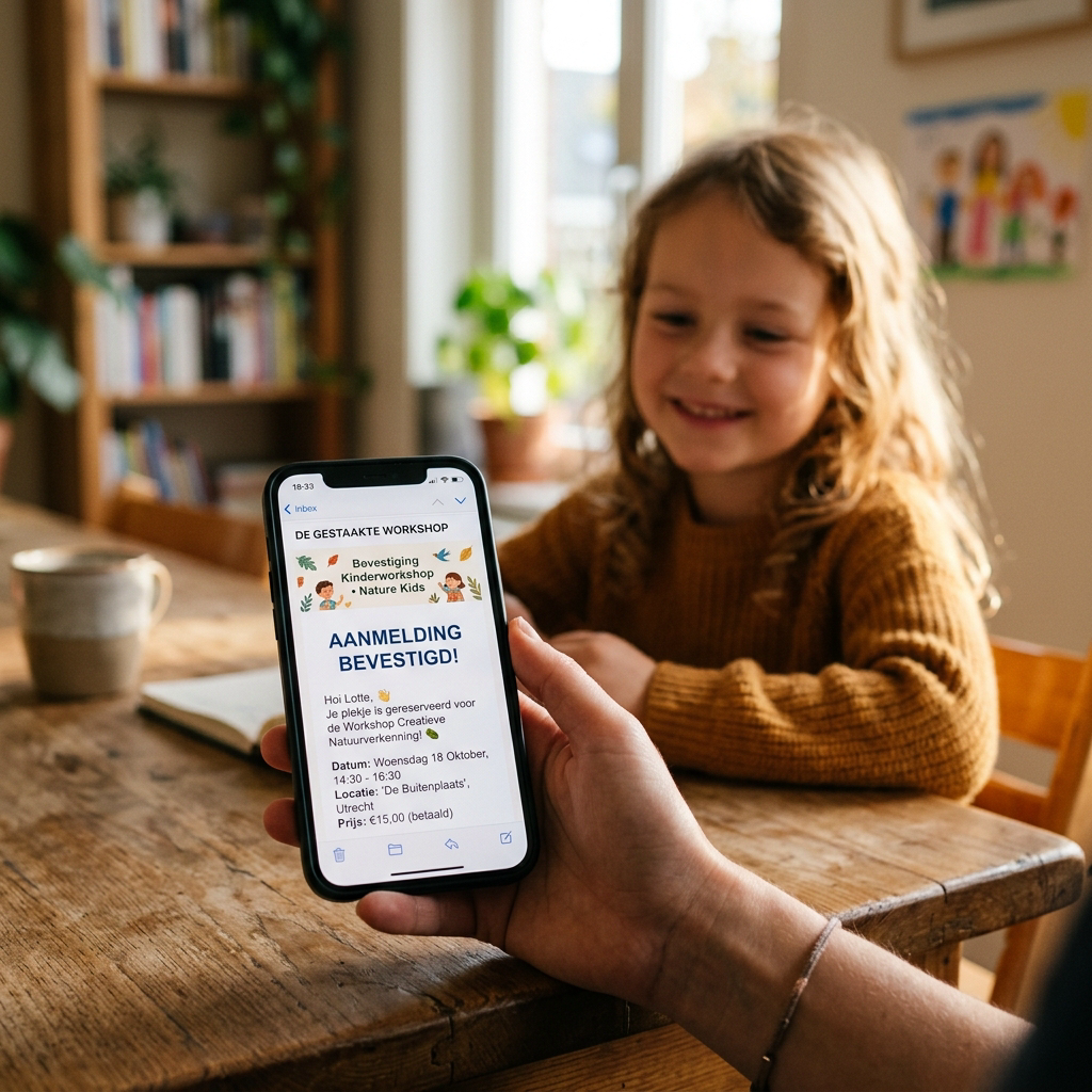 Smartphone toont bevestigingsmail van workshopinschrijving