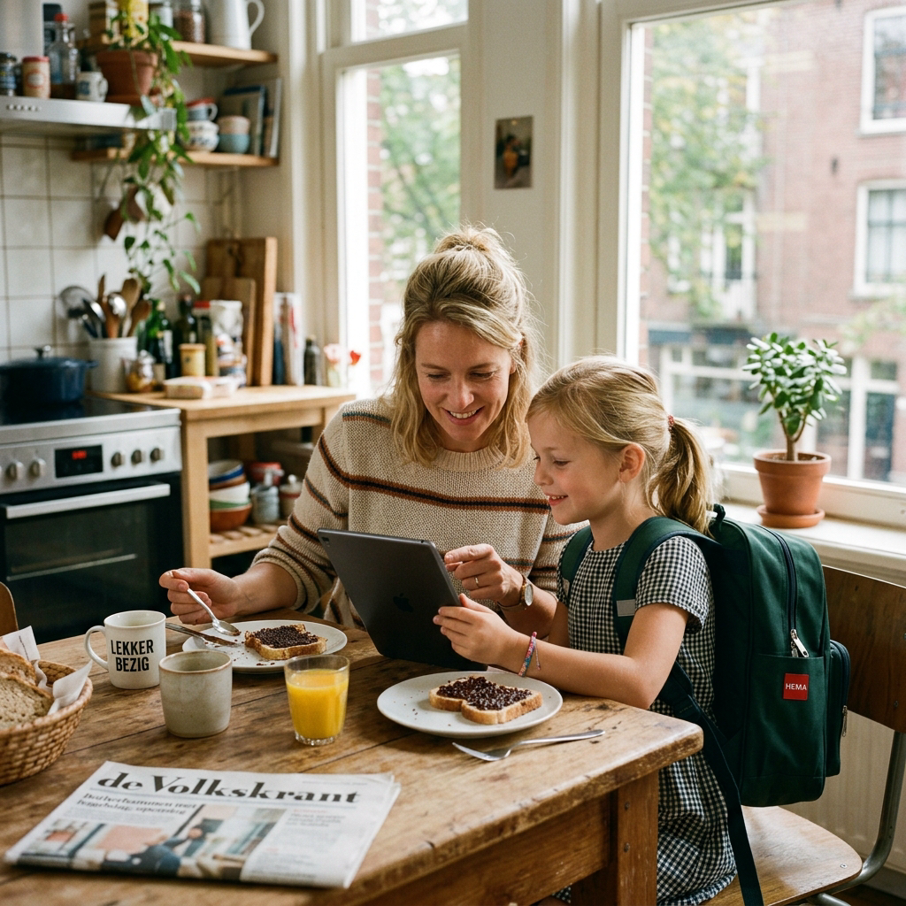Ouder en kind lezen herinnering over workshop aan ontbijttafel