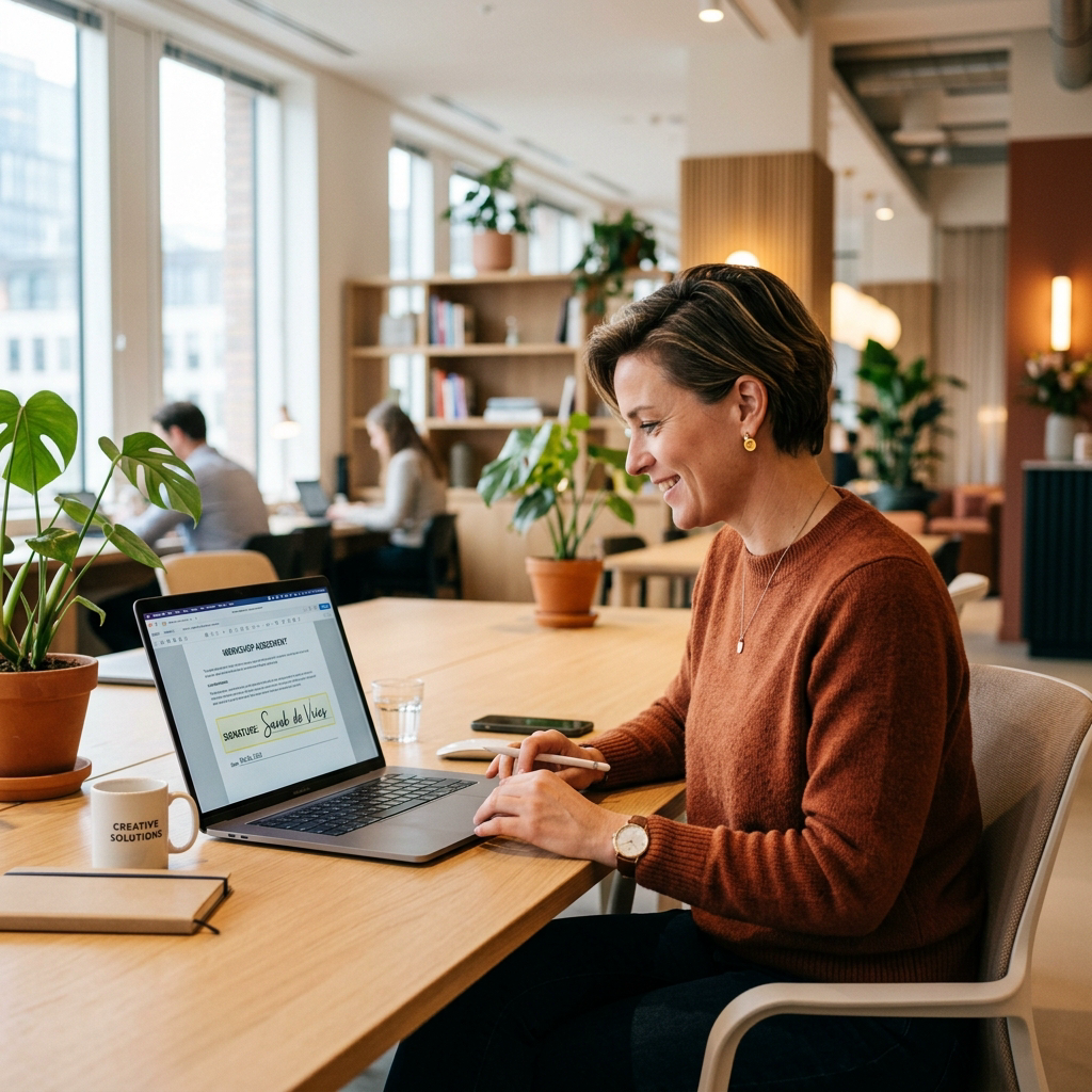 Digitaal contract met handtekeningveld op laptopscherm