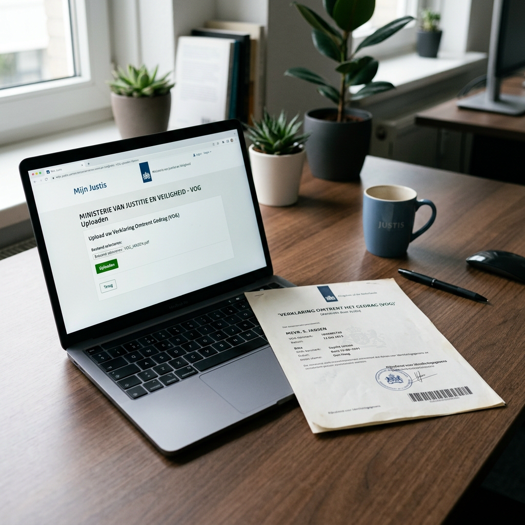 VOG-certificaat op bureau met laptop die upload toont