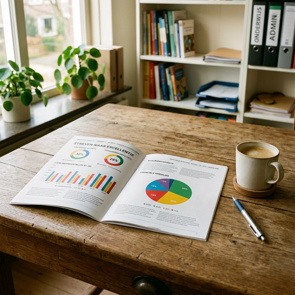 Gekleurd kwartaalrapport met grafieken op bureau