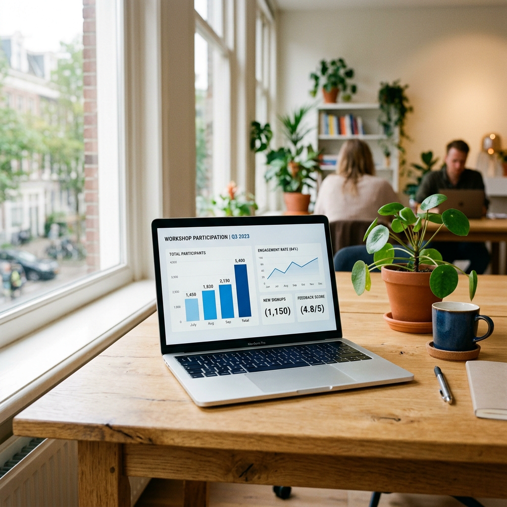 Dashboard met workshopstatistieken op laptop