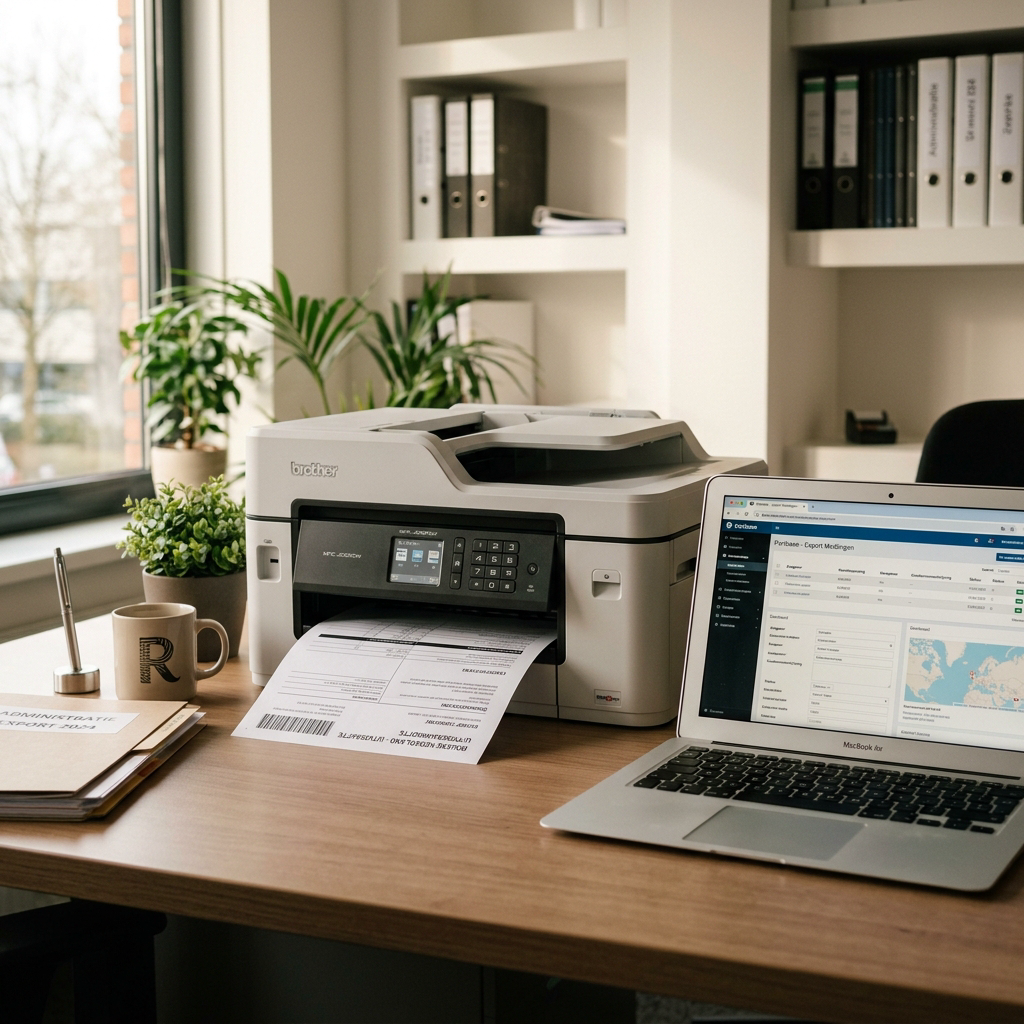 Printer die exportdocumenten produceert naast laptop