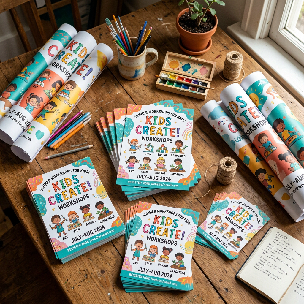 Stapels gekleurde promotieflyers en posters op bureau