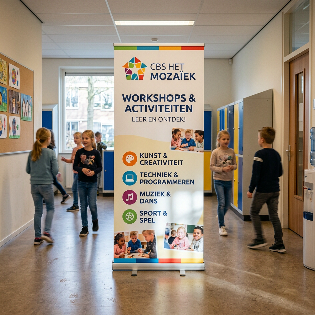 Grote banner met schoollogo en workshopaanbod in hal